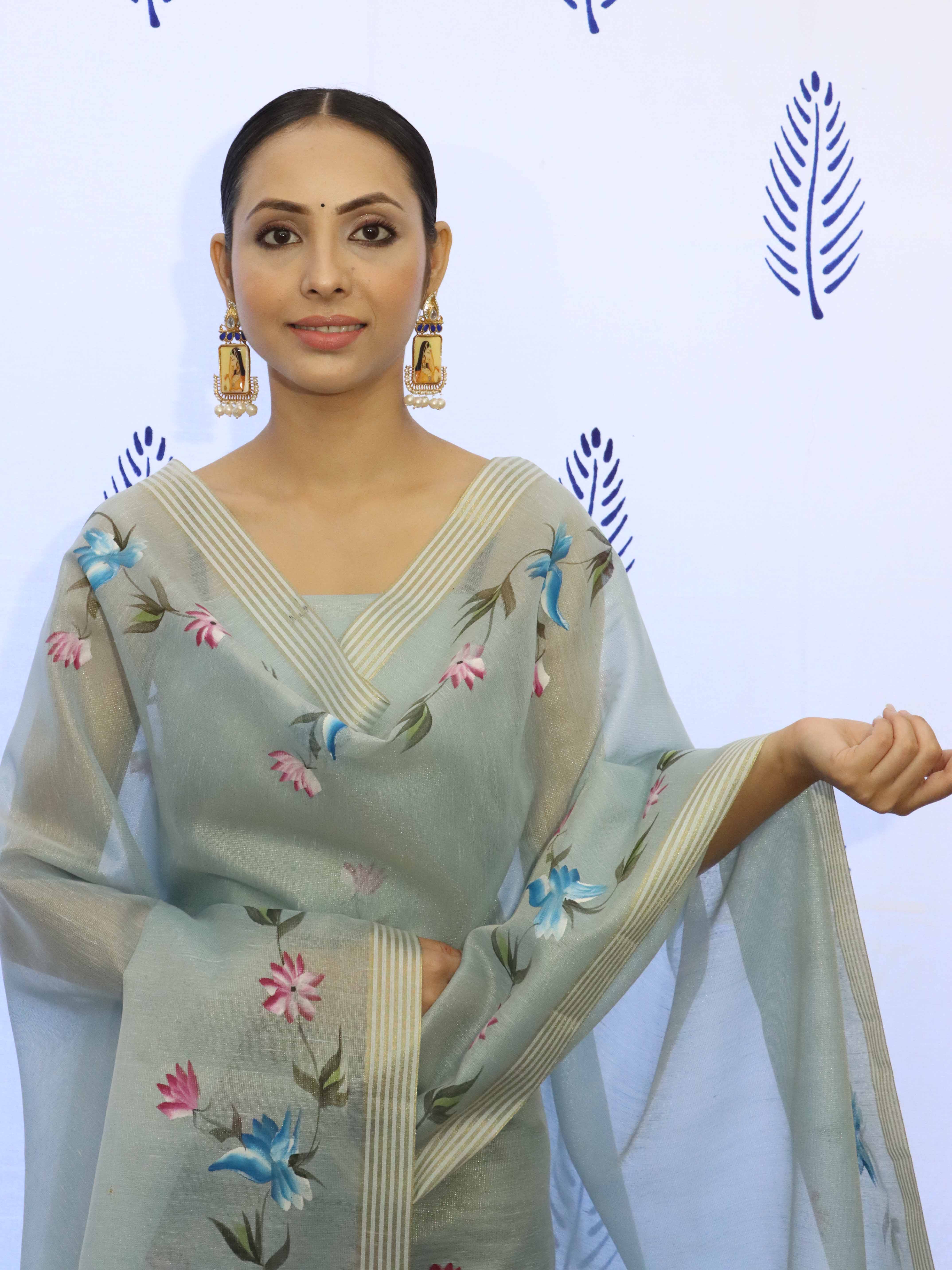 Banarasee Tissue Hand-Painted Salwar Kameez Fabric With Dupatta Set-Grey