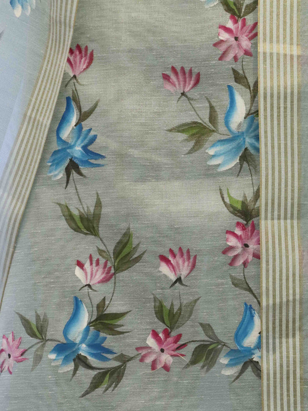 Banarasee Tissue Hand-Painted Salwar Kameez Fabric With Dupatta Set-Grey