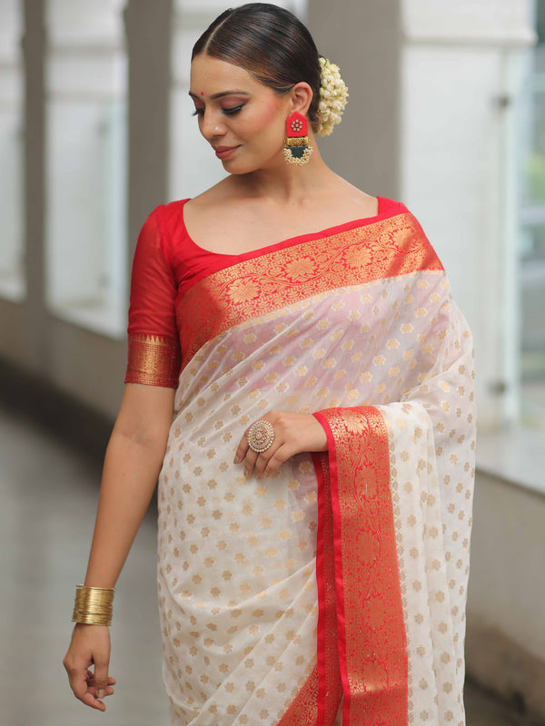 Banarasee Faux Georgette Saree With Zari Work & Contrast Border-White & Red