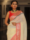 Banarasee Cotton Silk Saree With Contrast Resham Border-Cream & Red
