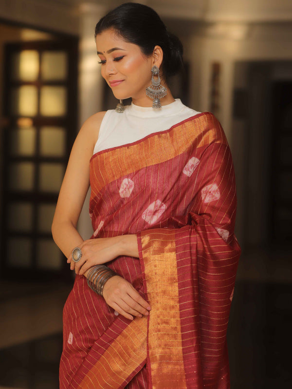 Bhagalpur Cotton Silk Ghichha Work Hand-Dyed Shibori Pattern Saree-Mraoon