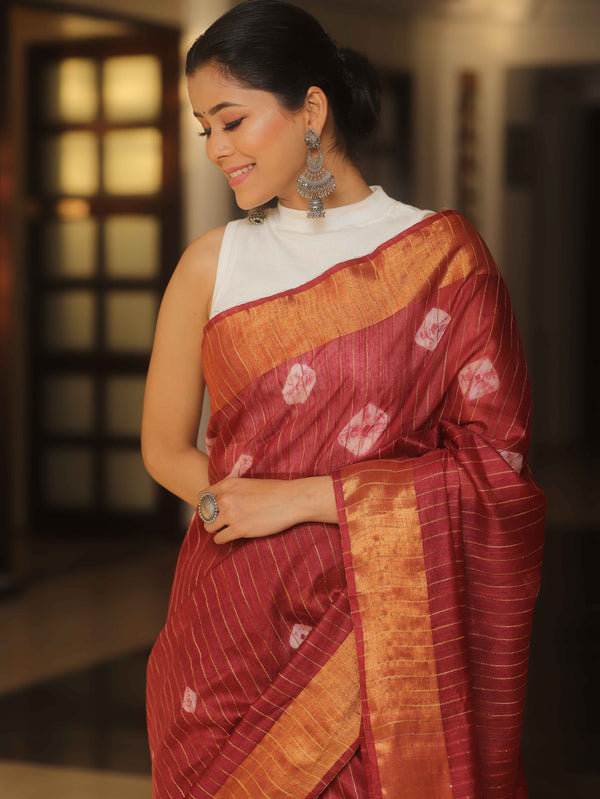 Bhagalpur Cotton Silk Ghichha Work Hand-Dyed Shibori Pattern Saree-Mraoon