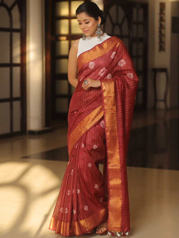 Bhagalpur Cotton Silk Ghichha Work Hand-Dyed Shibori Pattern Saree-Mraoon