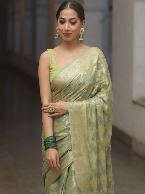 Banarasee Chiffon Floral Zari Jaal & Border Saree-Pastel Green