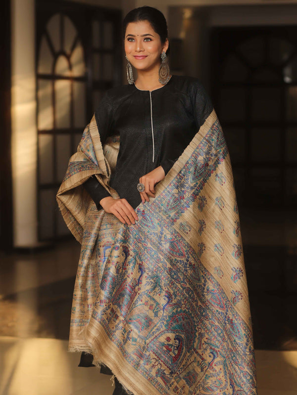 Banarasee Pure Desi Tussar Silk Block Print Dupatta-Beige