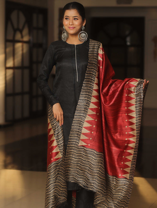 Banarasee Pure Desi Tussar Silk Block Print Dupatta-Red