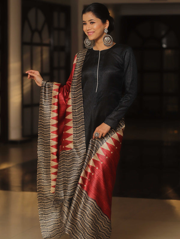 Banarasee Pure Desi Tussar Silk Block Print Dupatta-Red