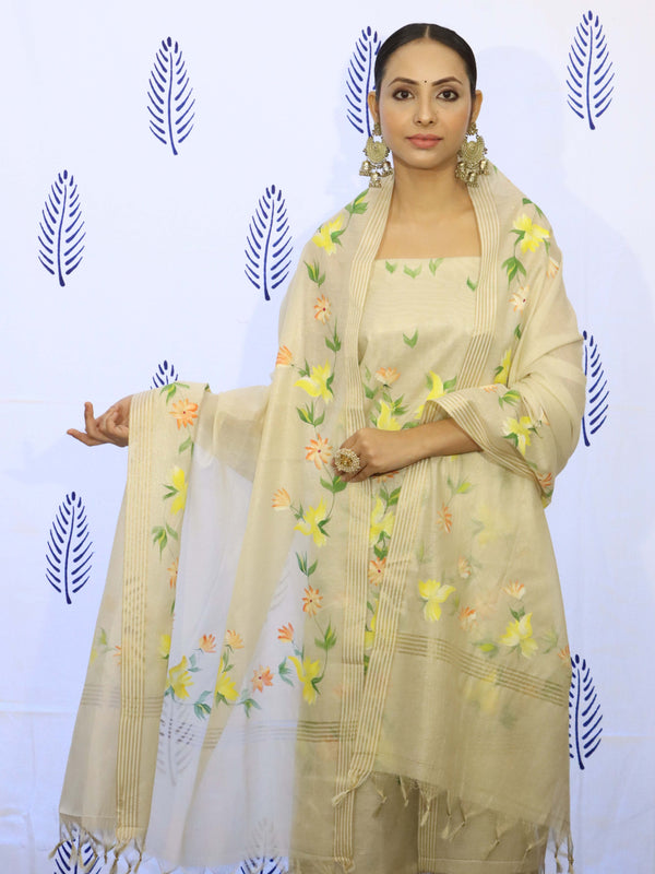 Banarasee Tissue Hand-Painted Salwar Kameez Fabric With Dupatta Set-Beige