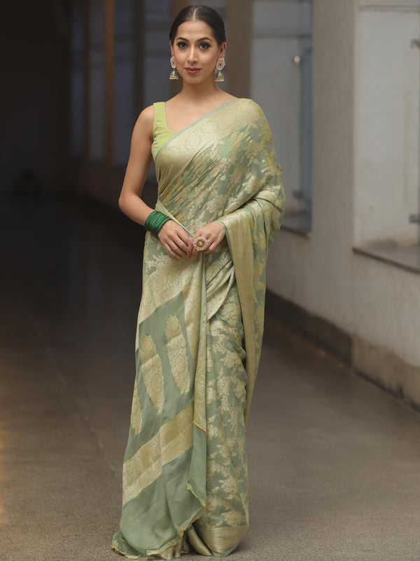 Banarasee Chiffon Floral Zari Jaal & Border Saree-Pastel Green