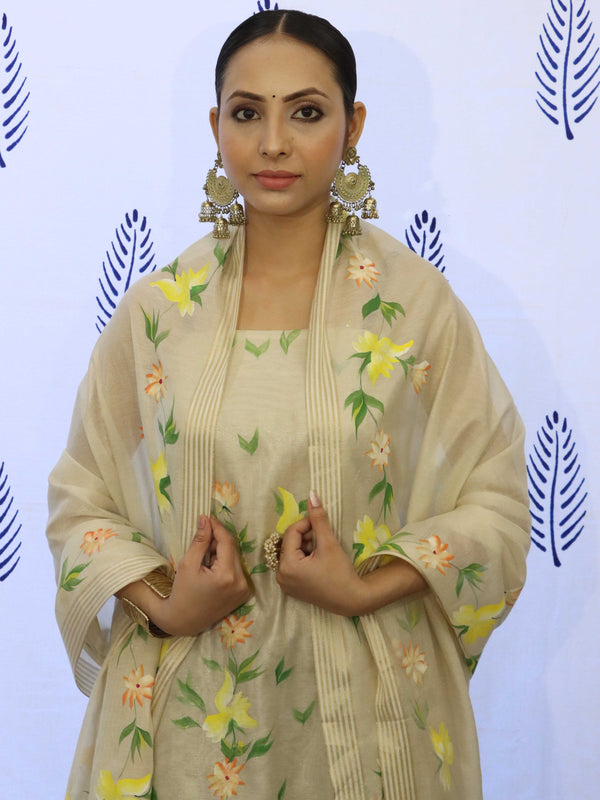 Banarasee Tissue Hand-Painted Salwar Kameez Fabric With Dupatta Set-Beige