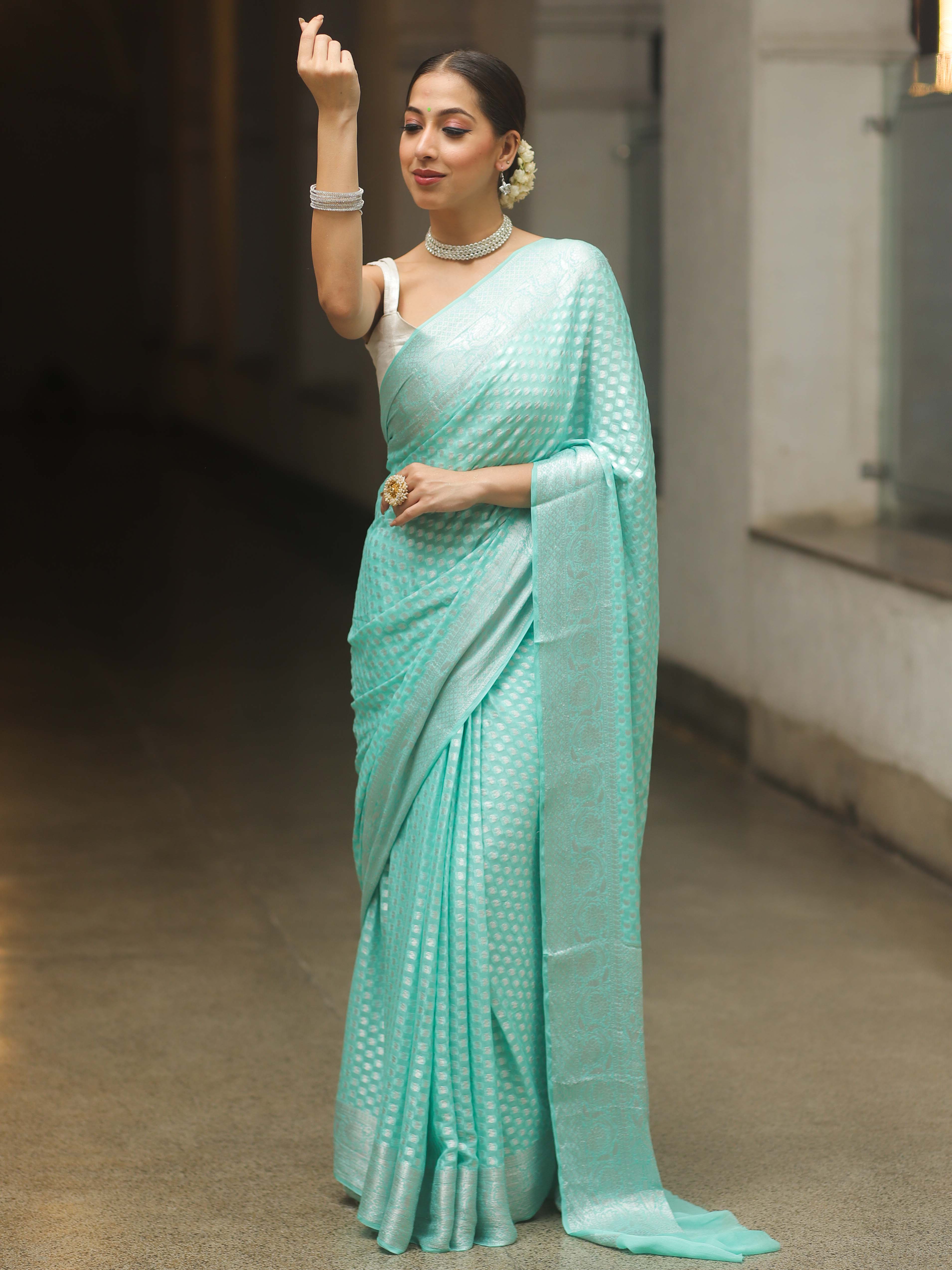 Banarasee Chiffon Floral Silver Zari Buti & Border Saree-Sea Green