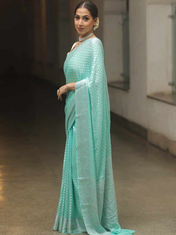 Banarasee Chiffon Floral Silver Zari Buti & Border Saree-Sea Green