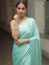 Banarasee Chiffon Floral Silver Zari Buti & Border Saree-Sea Green