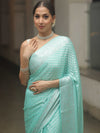 Banarasee Chiffon Floral Silver Zari Buti & Border Saree-Sea Green