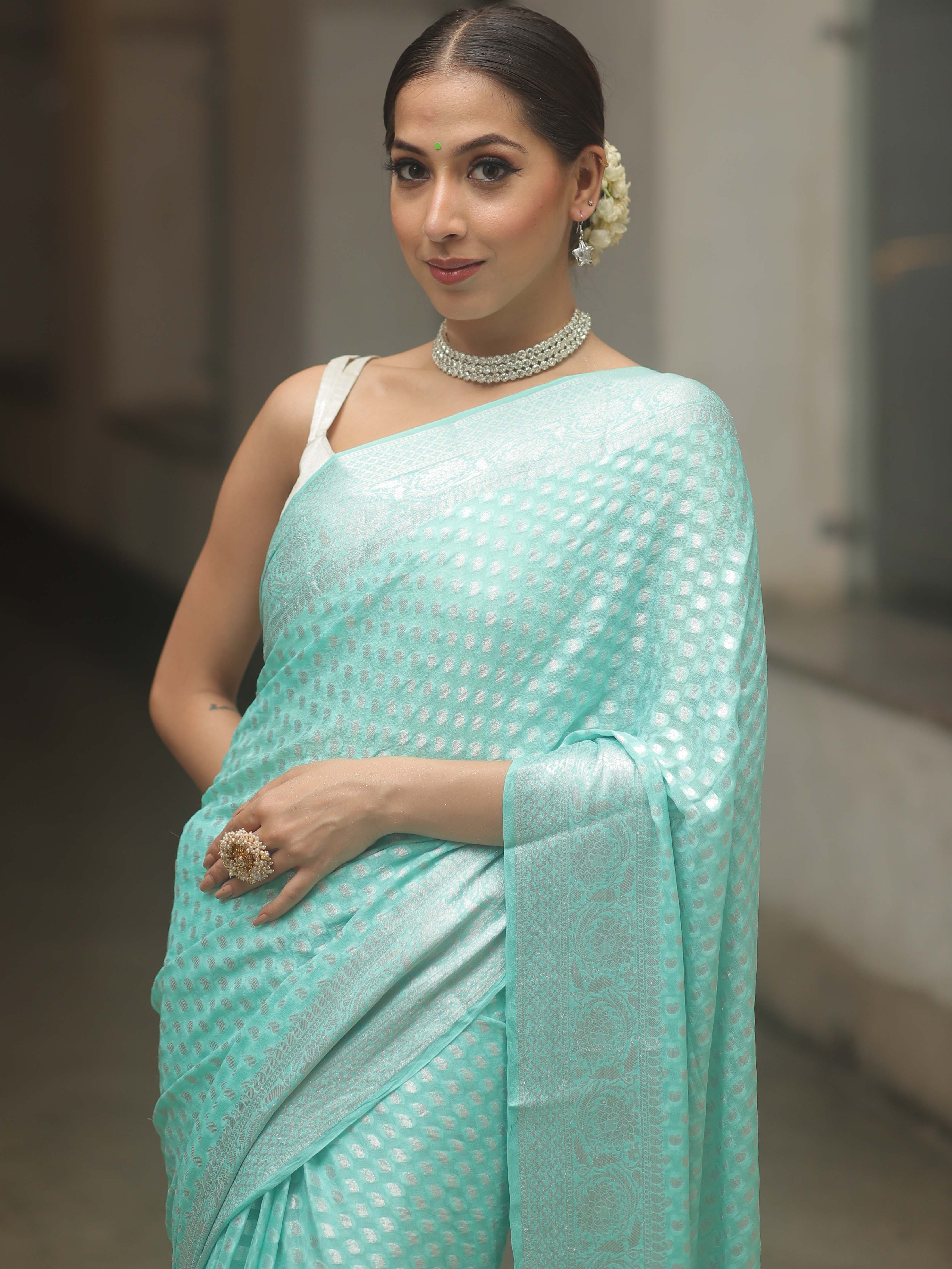 Banarasee Chiffon Floral Silver Zari Buti & Border Saree-Sea Green