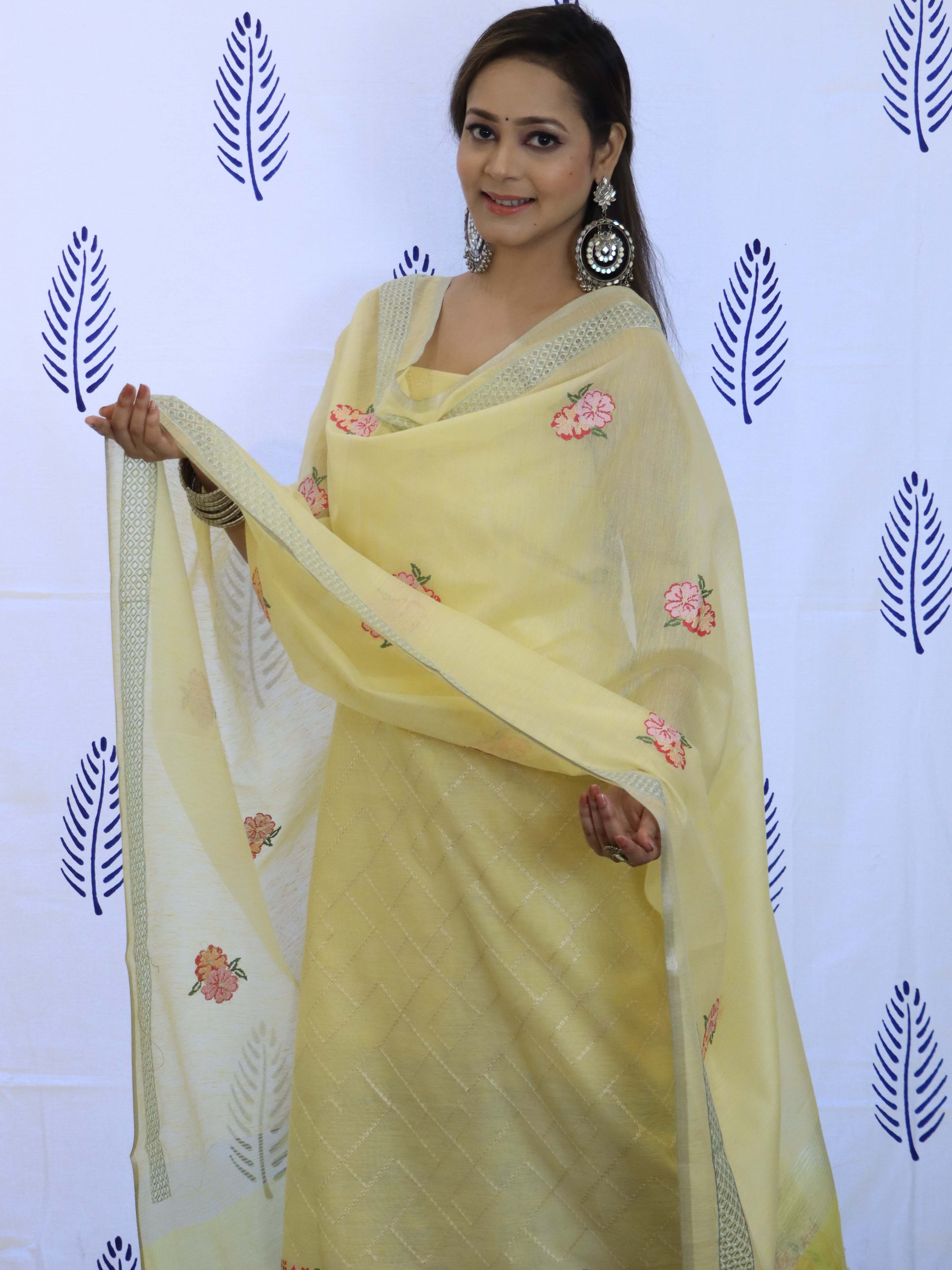 Banarasee Embroidered Chanderi Salwar Kameez With Dupatta Set-Yellow