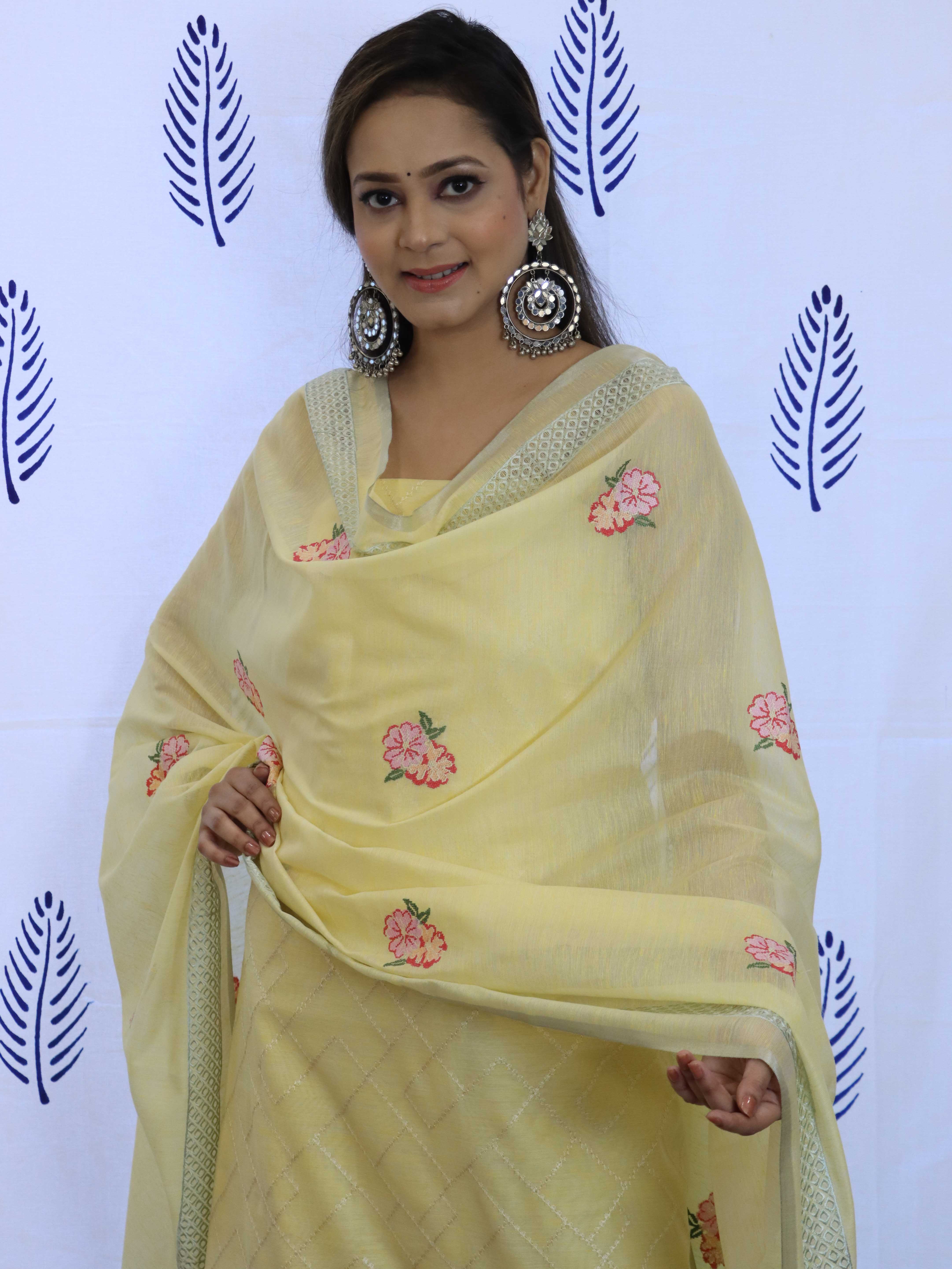 Banarasee Embroidered Chanderi Salwar Kameez With Dupatta Set-Yellow