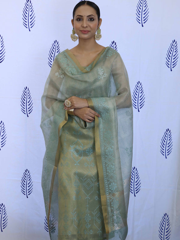 Banarasee Tissue Embroidered Salwar Kameez Fabric With Dupatta Set-Blue