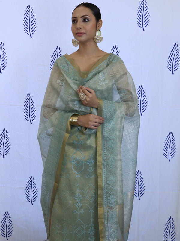 Banarasee Tissue Embroidered Salwar Kameez Fabric With Dupatta Set-Blue