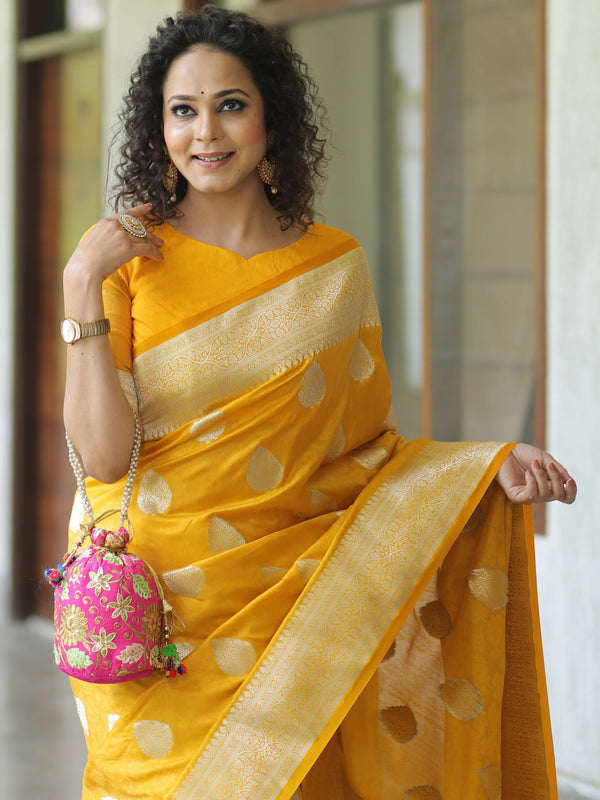 Banarasee Handwoven Semi-Katan Tanchoi Weaving Floral Border Saree-Yellow