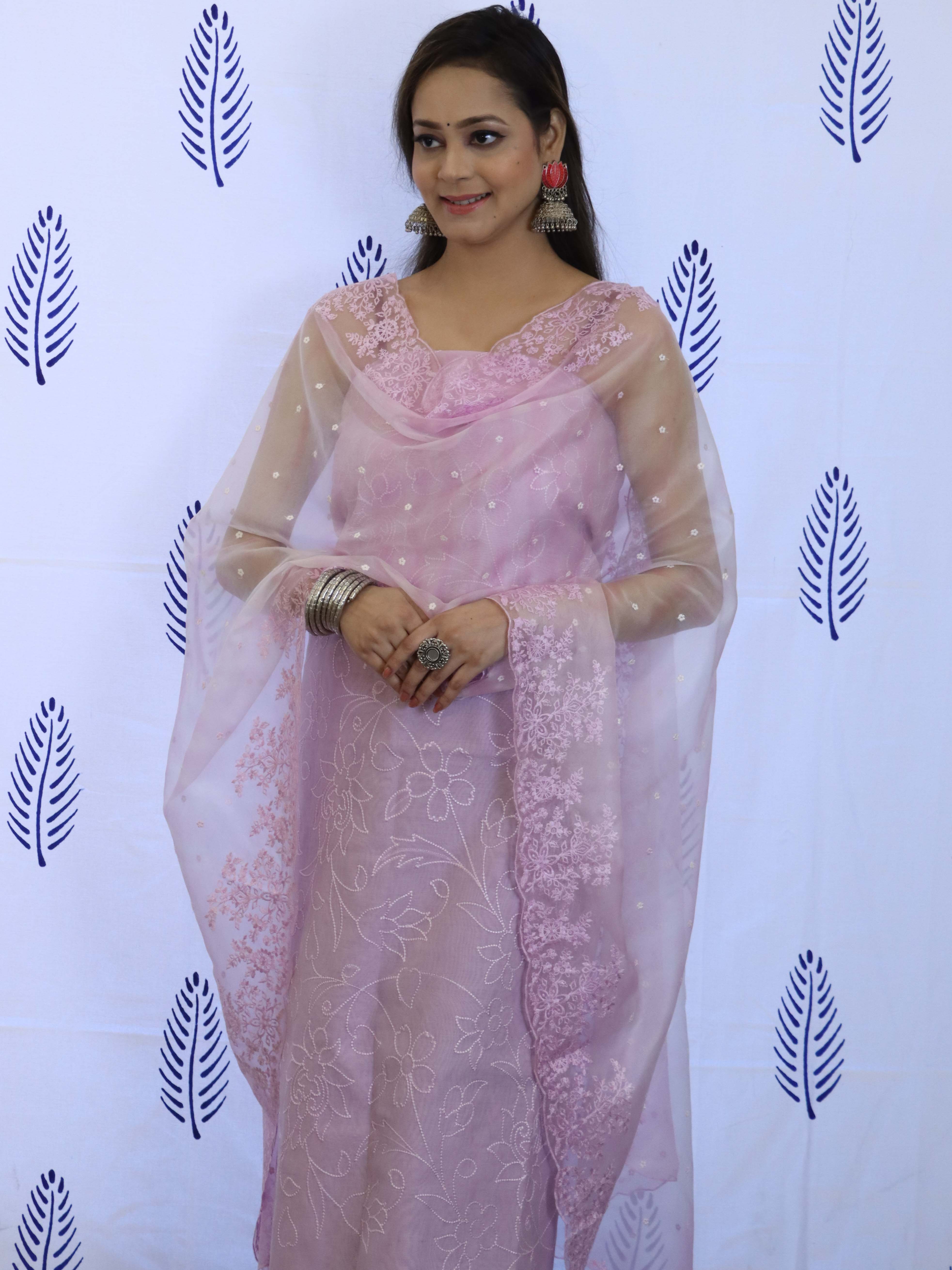 Banarasee Embroidered Chanderi Salwar Kameez With Organza Dupatta Set-Lavender