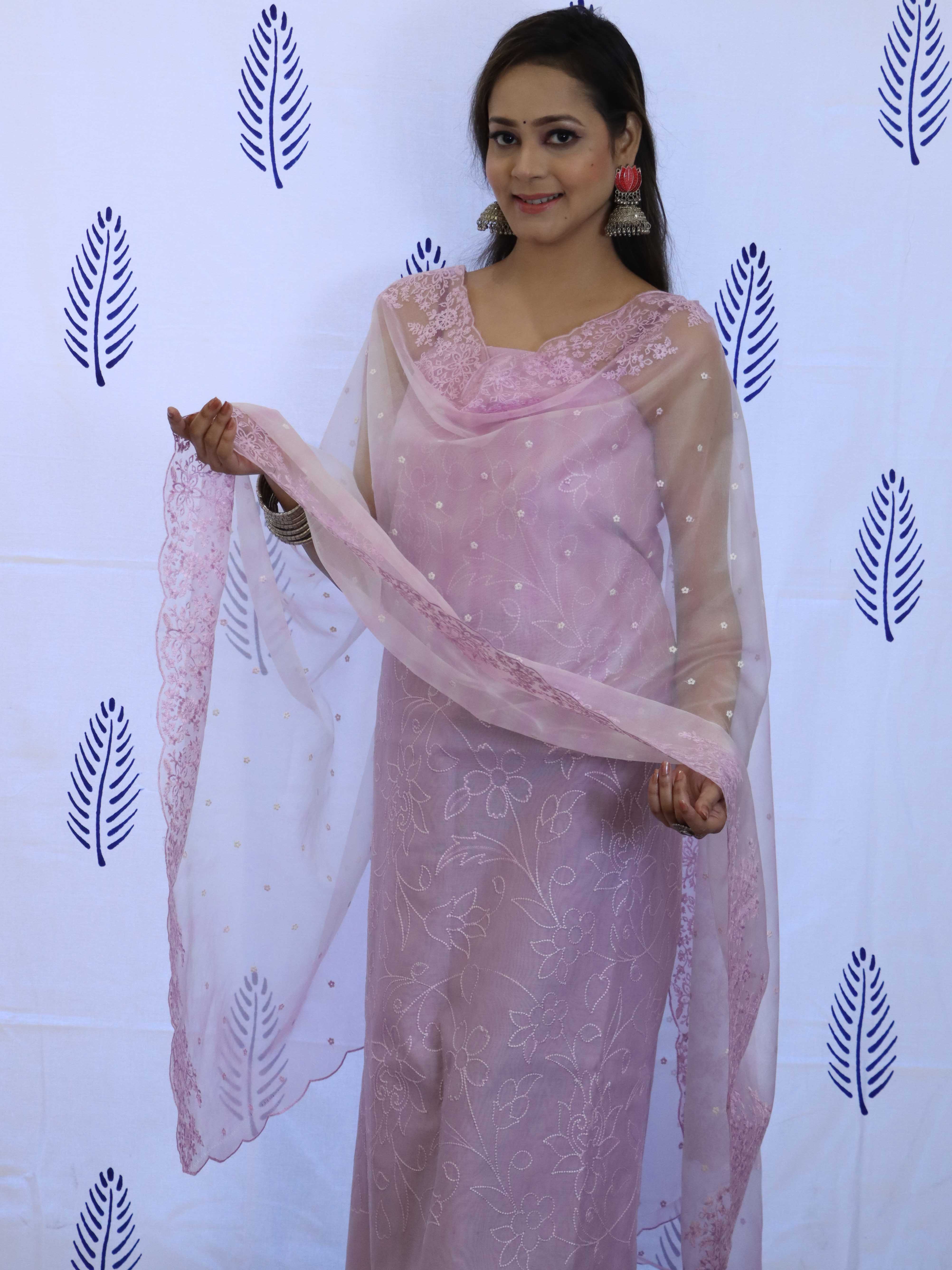 Banarasee Embroidered Chanderi Salwar Kameez With Organza Dupatta Set-Lavender