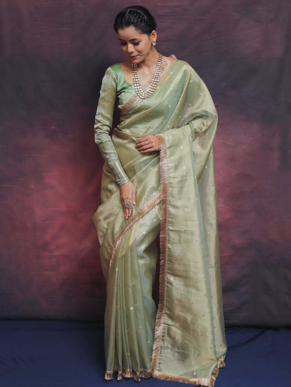 Banarasee Handwoven Tissue Saree Zari Buti With Lace-Light Green