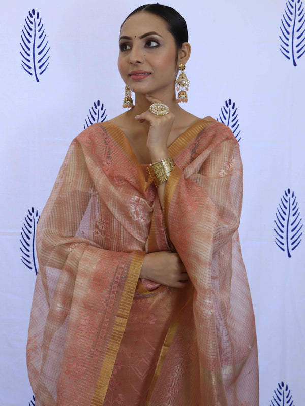 Banarasee Tissue Embroidered Salwar Kameez Fabric With Dupatta Set-Peach