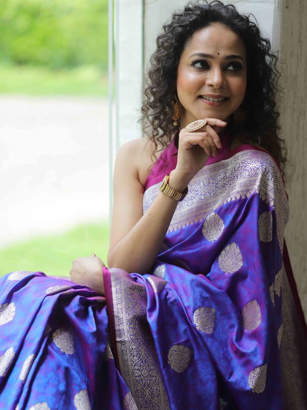 Banarasee Handwoven Semi-Katan Tanchoi Weaving Floral Border Saree-Violet