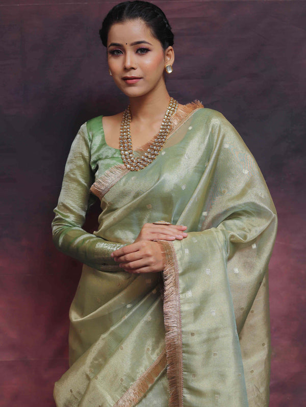 Banarasee Handwoven Tissue Saree Zari Buti With Lace-Light Green