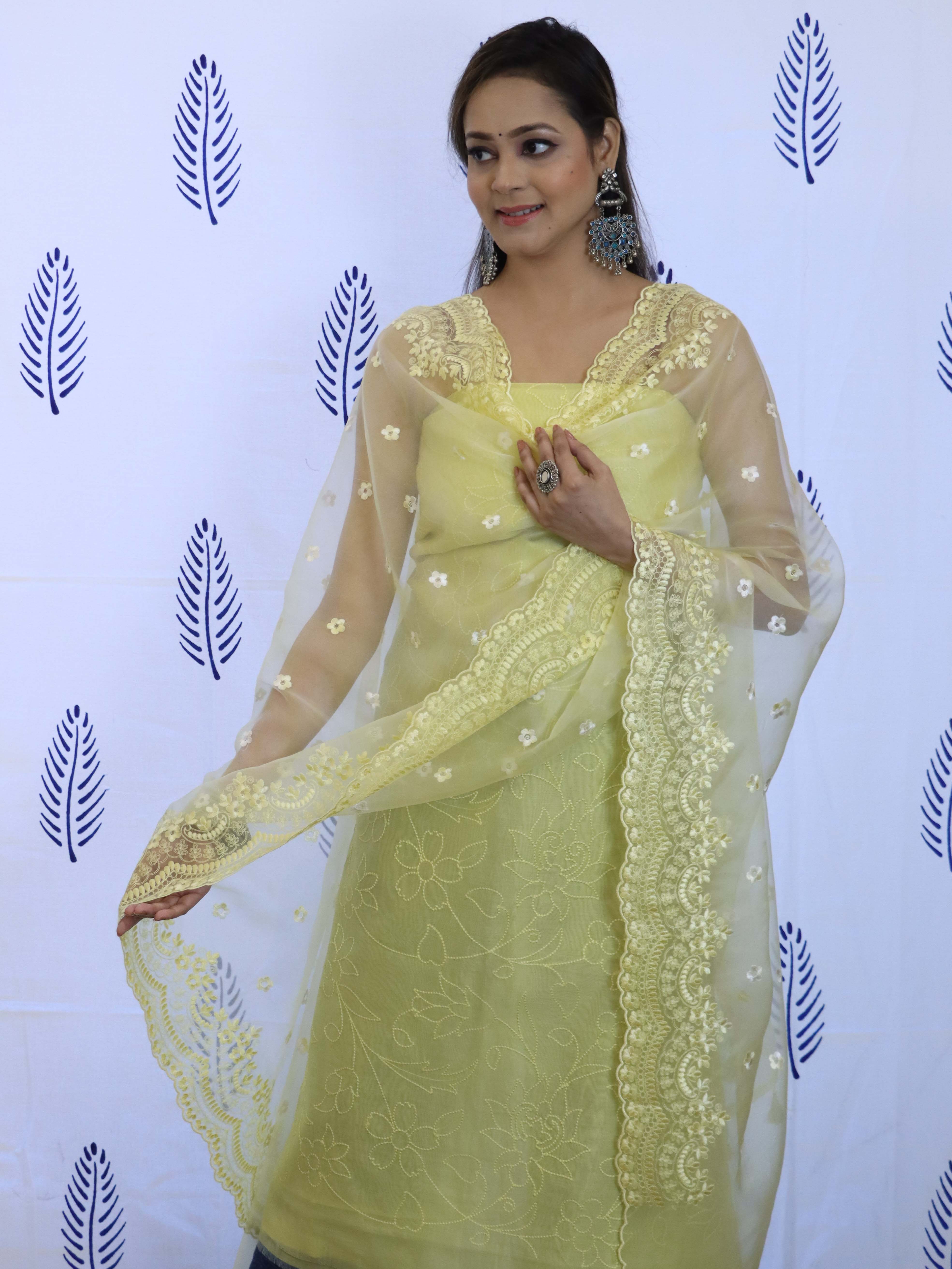 Banarasee Embroidered Chanderi Salwar Kameez With Organza Dupatta Set-Yellow