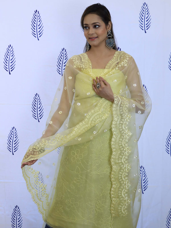 Banarasee Embroidered Chanderi Salwar Kameez With Organza Dupatta Set-Yellow