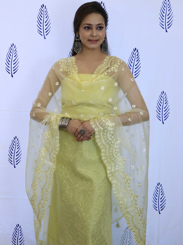 Banarasee Embroidered Chanderi Salwar Kameez With Organza Dupatta Set-Yellow
