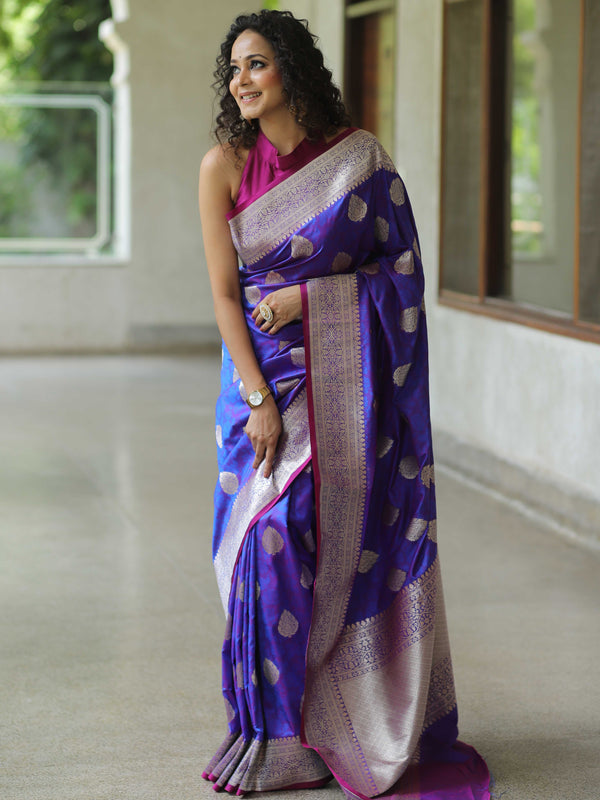 Banarasee Handwoven Semi-Katan Tanchoi Weaving Floral Border Saree-Violet
