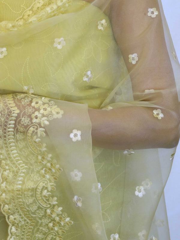 Banarasee Embroidered Chanderi Salwar Kameez With Organza Dupatta Set-Yellow