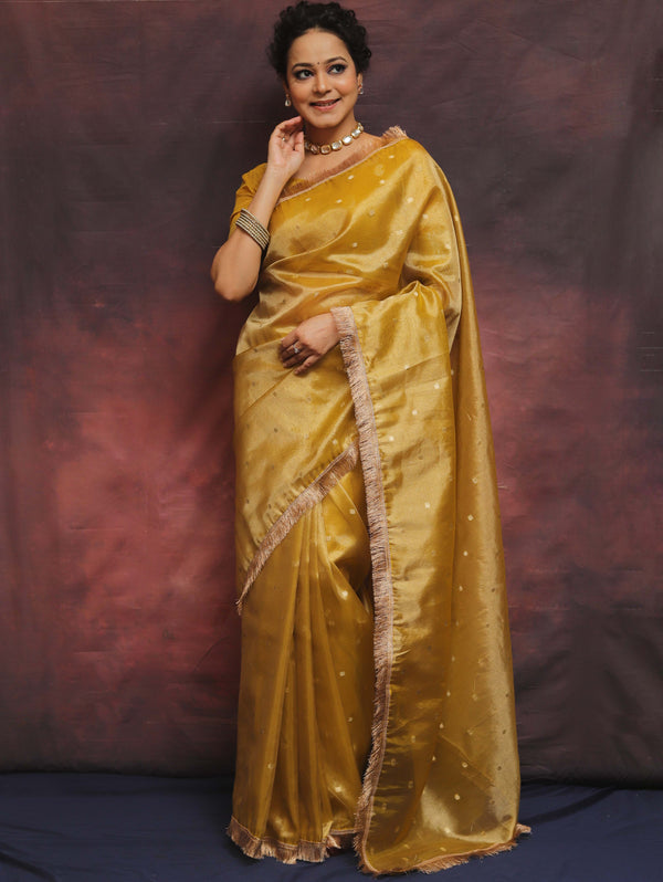 Banarasee Handwoven Tissue Saree Zari Buti With Lace-Mustard Yellow