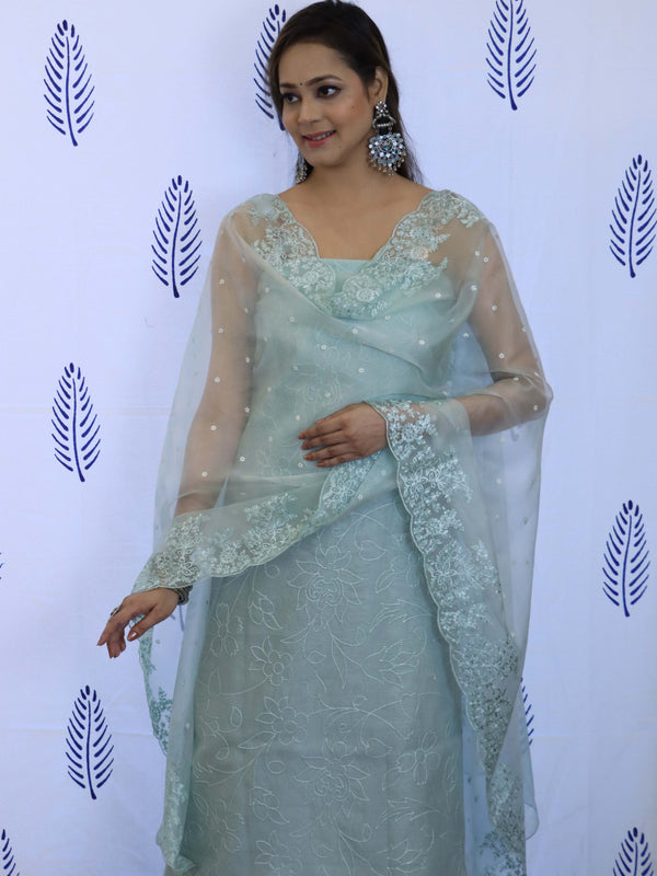 Banarasee Embroidered Chanderi Salwar Kameez With Organza Dupatta Set-Sea Green