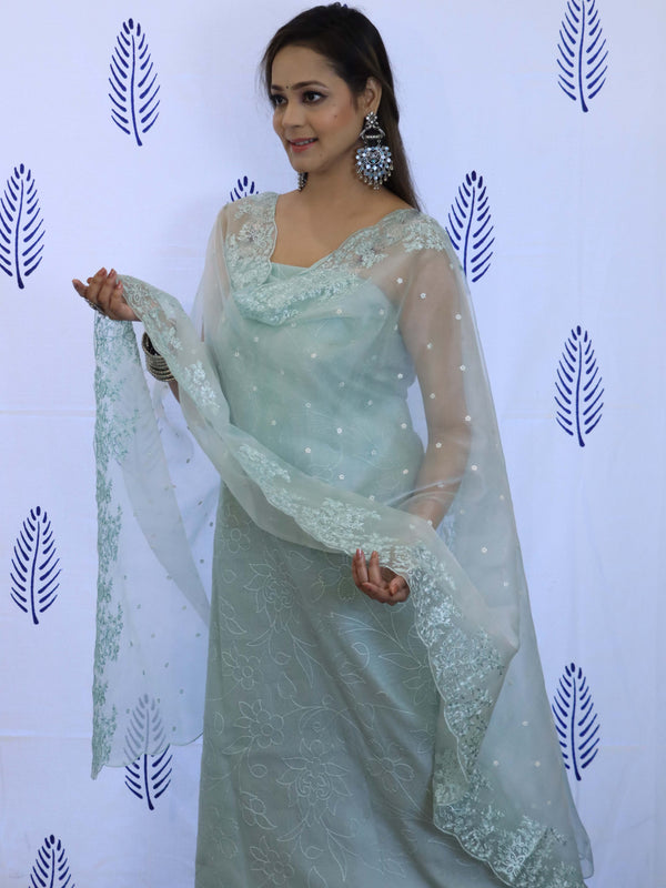 Banarasee Embroidered Chanderi Salwar Kameez With Organza Dupatta Set-Sea Green
