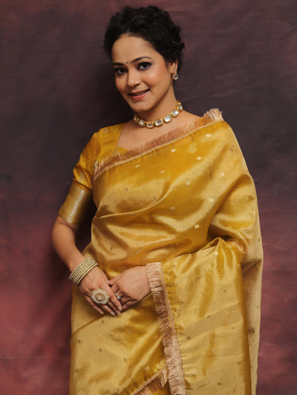 Banarasee Handwoven Tissue Saree Zari Buti With Lace-Mustard Yellow