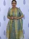 Banarasee Tissue Embroidered Salwar Kameez Fabric With Dupatta Set-Grey & Yellow