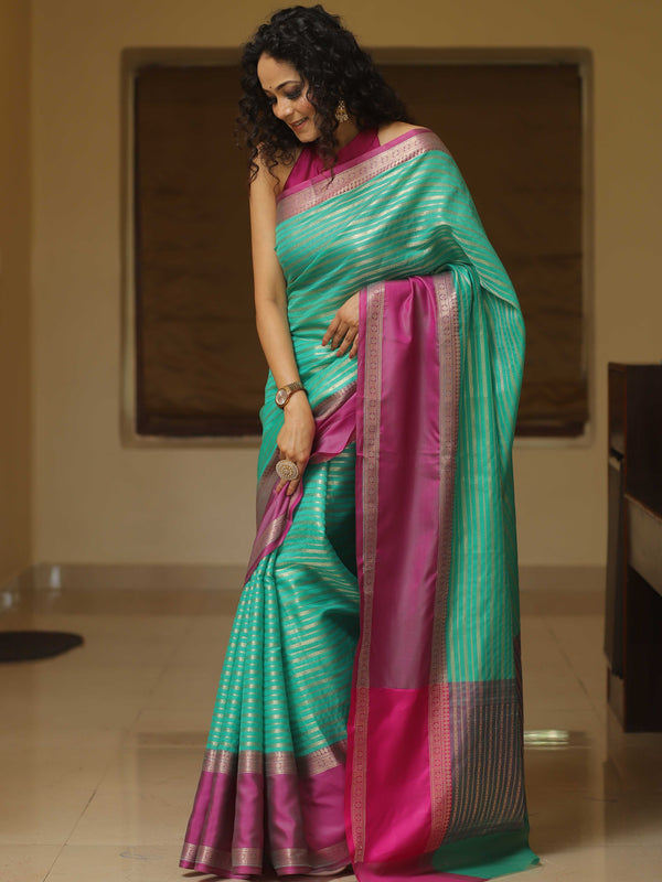 Banarasee Handwoven Semi Silk Saree With Stripes Design & Solid Border-Sea Green & Pink