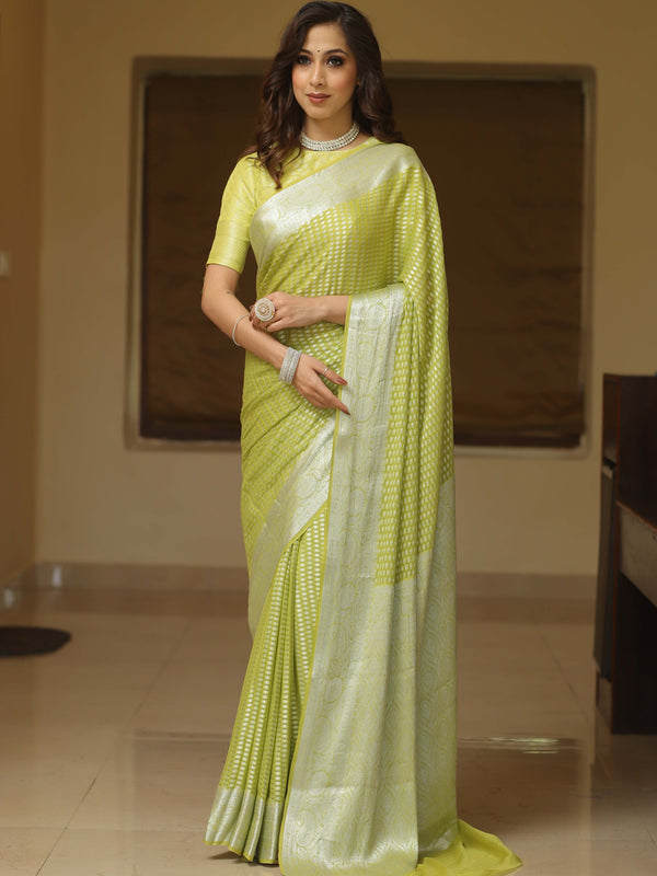 Banarasee Chiffon Floral Silver Zari Buti & Border Saree-Yellow