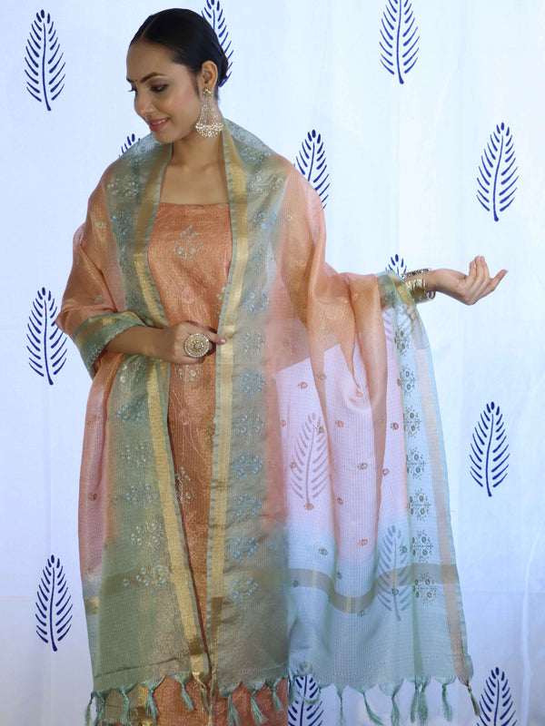 Banarasee Tissue Embroidered Salwar Kameez Fabric With Dupatta Set-Peach & Grey