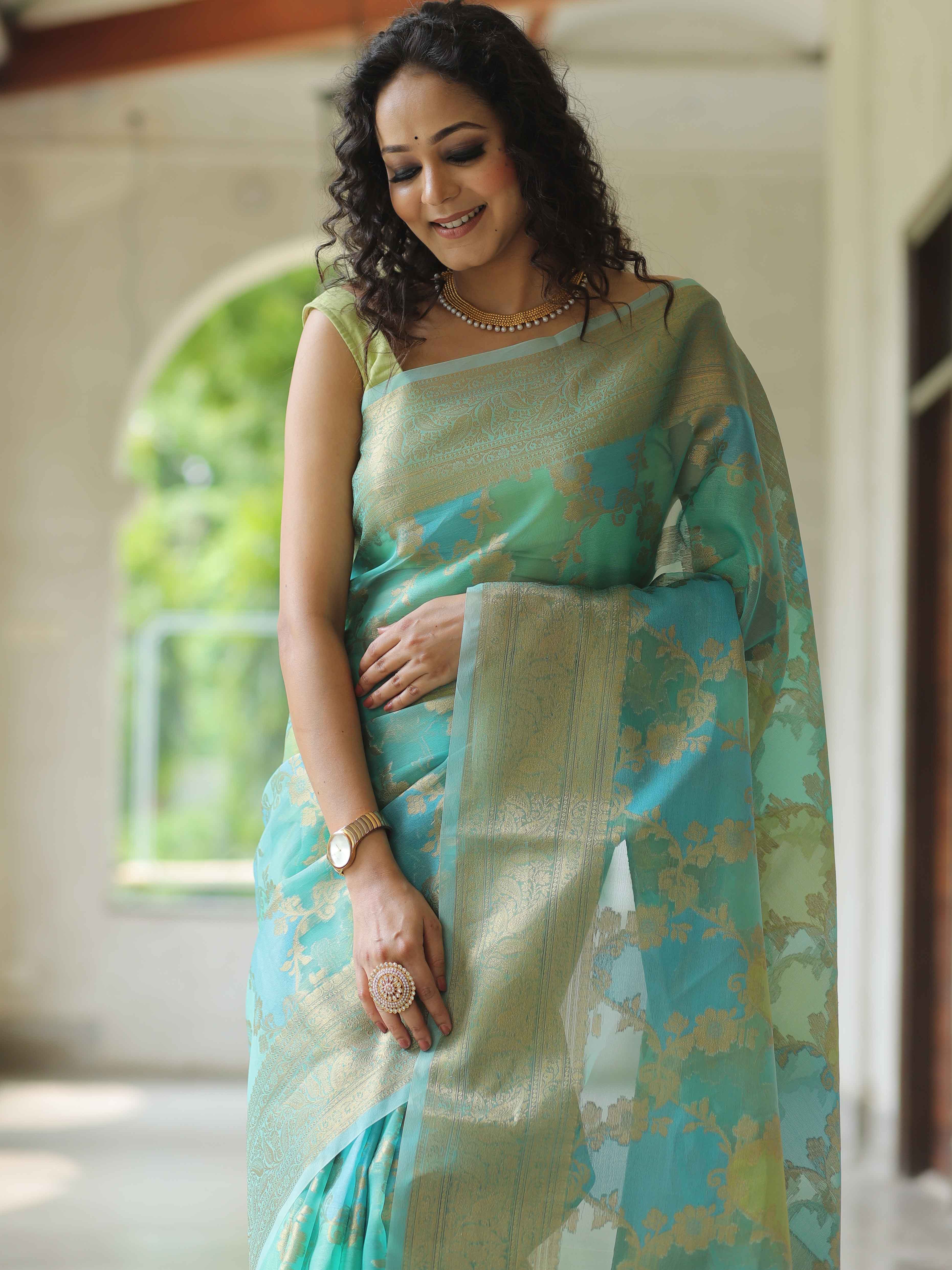 Banarasee Organza Mix Saree With Zari Jaal & Border-Blue