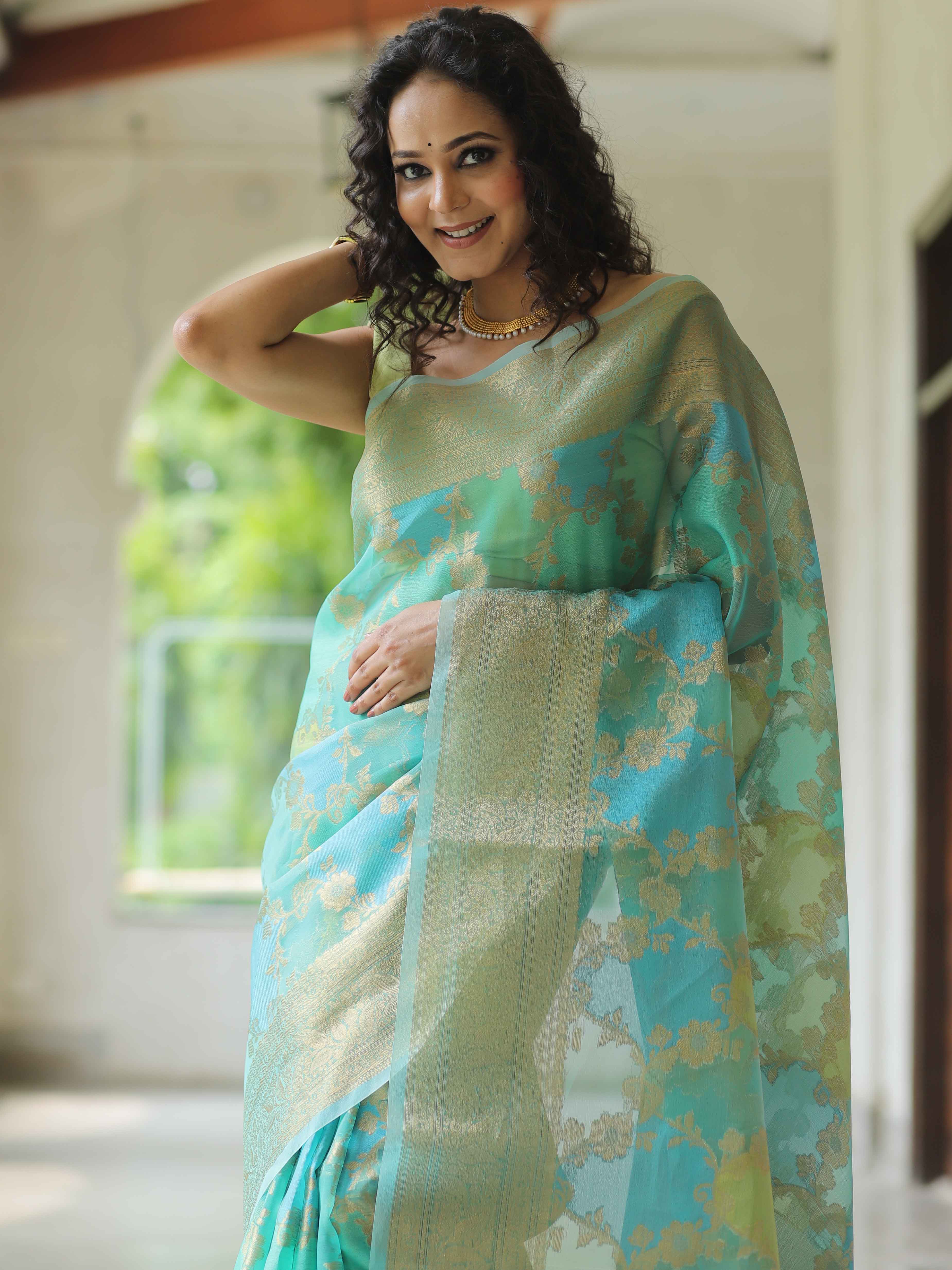 Banarasee Organza Mix Saree With Zari Jaal & Border-Blue