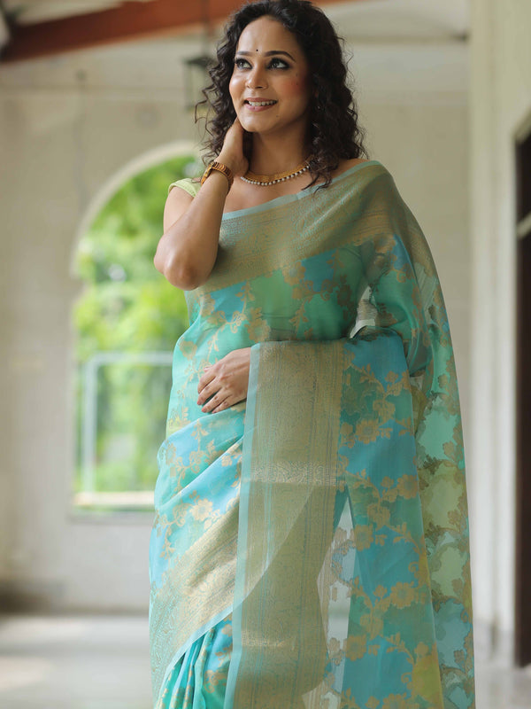 Banarasee Organza Mix Saree With Zari Jaal & Border-Blue