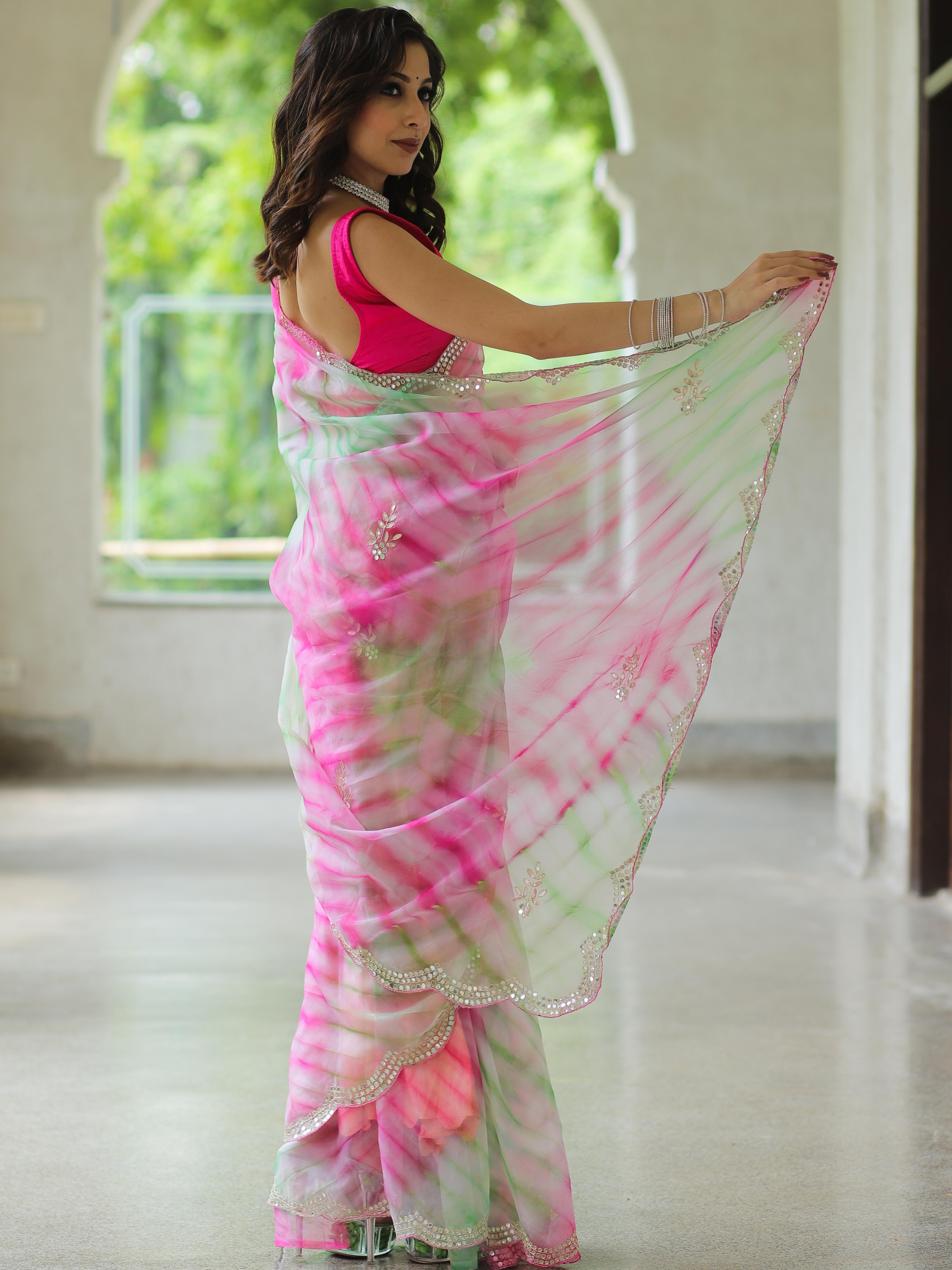 Banarasee Organza Silk Shibori Dyed Hand-work Scallop Border Saree & Contrast Blouse-Pink & Green
