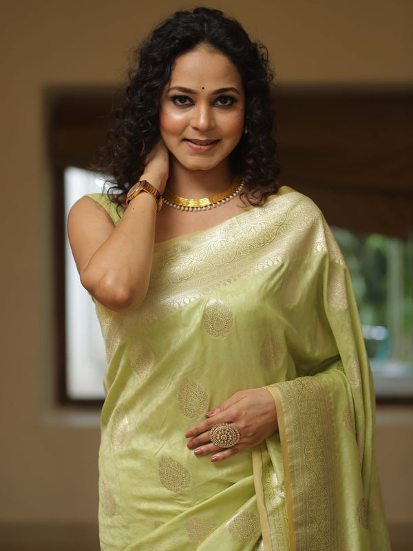 Banarasee Handwoven Semi-Katan Tanchoi Weaving Floral Border Saree-Light Green