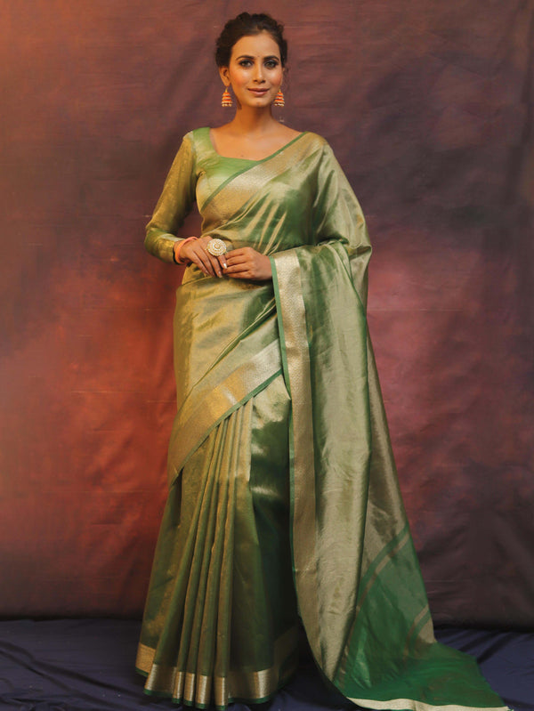 Banarasee Handwoven Plain Tissue Zari Border Saree-Green