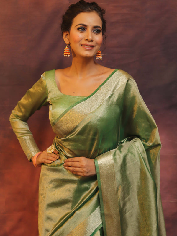 Banarasee Handwoven Plain Tissue Zari Border Saree-Green